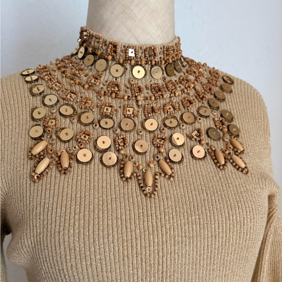 Vtg Once Again Womens M Gold Sequin Beaded Ribbed Knit Long Sleeve Sparkle Top - Picture 3 of 12